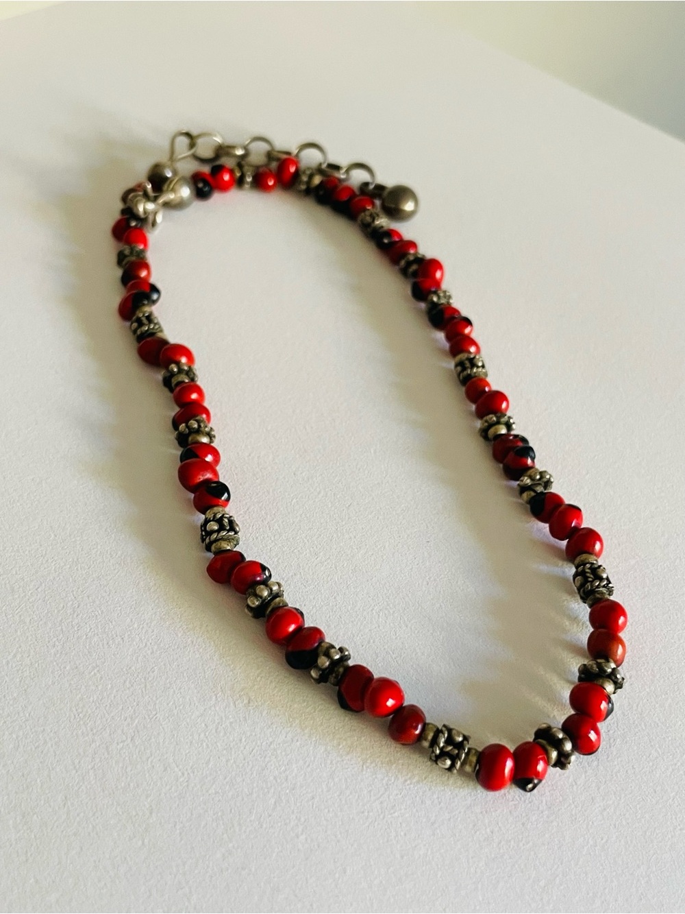 Handcrafted Peruvian Huayruro Red Black Seed Beads Beaded Necklace, Sterling (?)